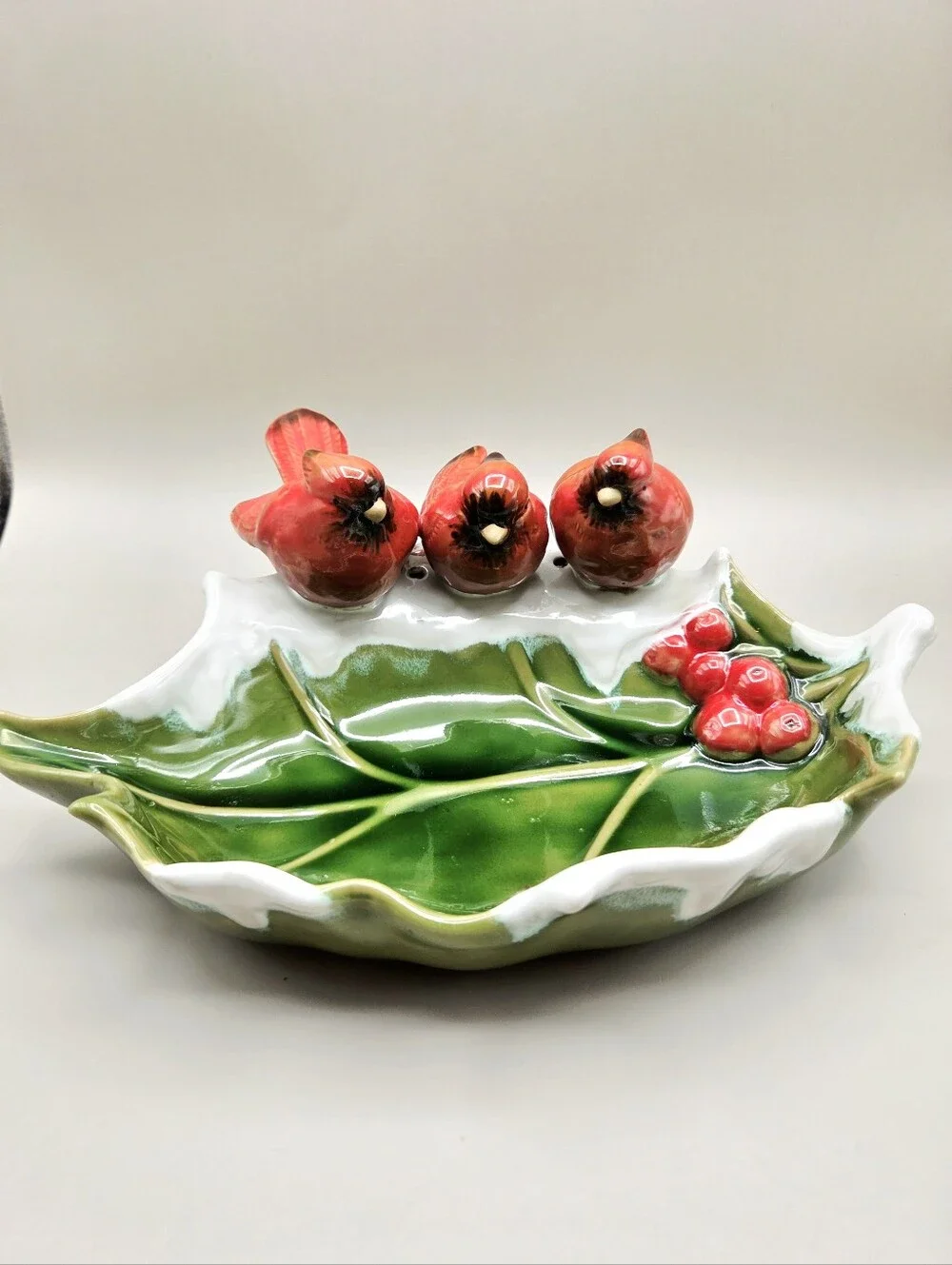 Ceramic Green Leaf Dish with 3 Red Cardinals & Red Berries
